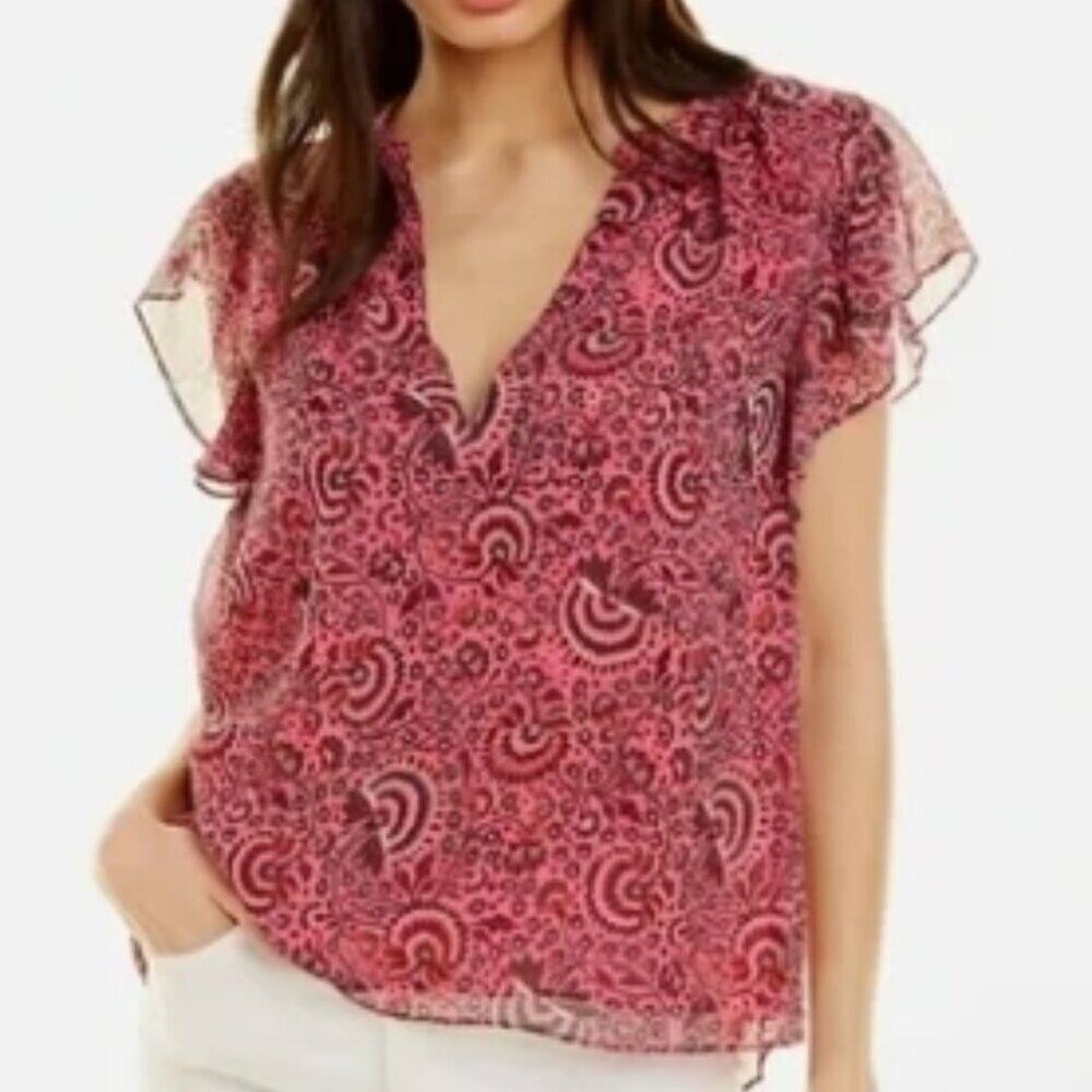 A.L.C. June Split Neck Flutter Sleeve Flutter Sleeves Blouse Pink